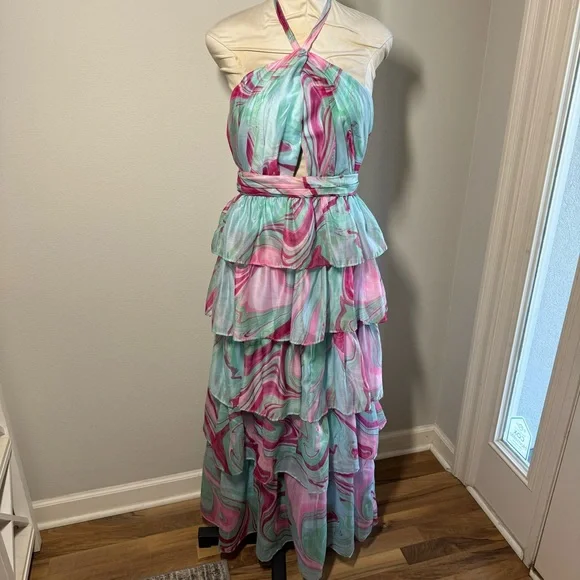 NWT OLIVACEOUS Candy Swirl Pink & Green Tiered Maxi Dress Halter Neck Sz Large - Picture 2 of 10